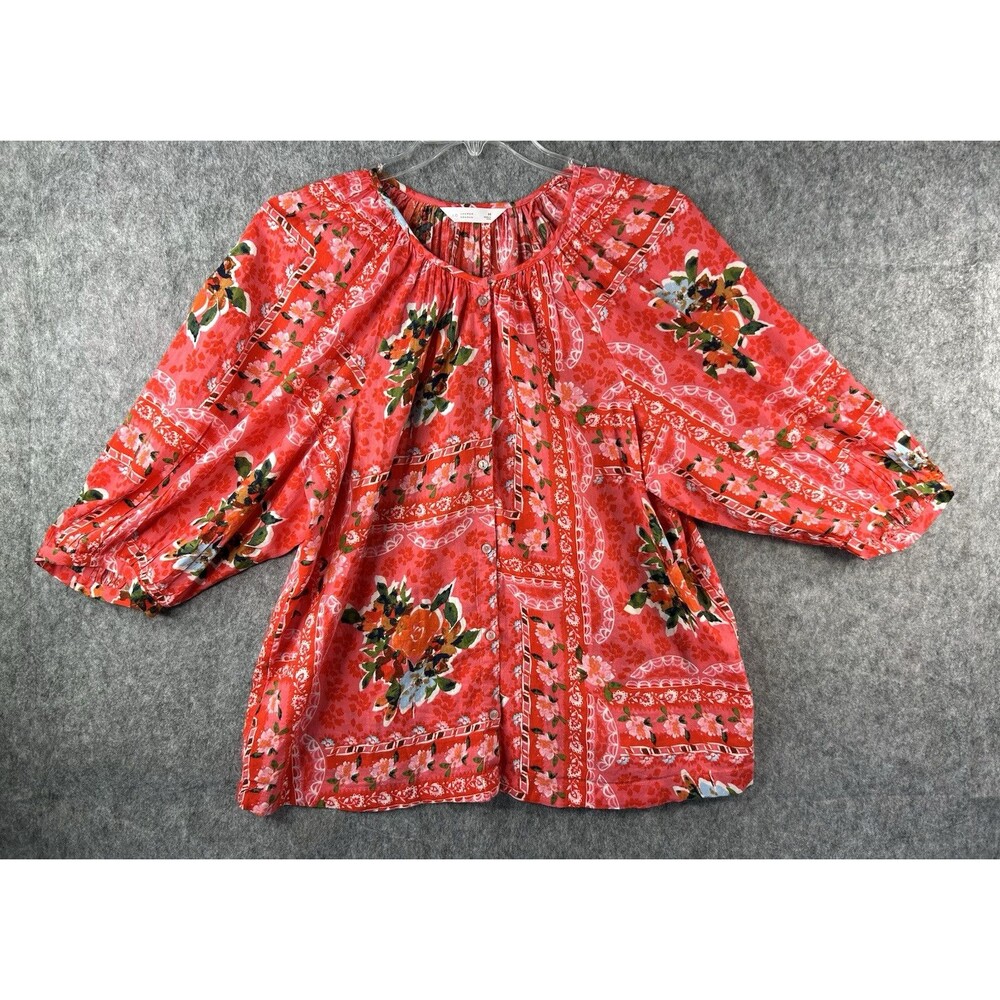 LC Lauren Conrad Floral Blouse Women's Sz M Short Sleeve Pleated Button Up